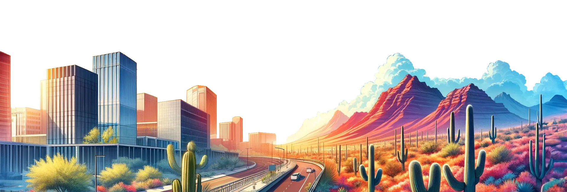 Illustration of a bustling city transitioning into a desert landscape with cacti, mountains, and a highway under a vibrant sunrise.