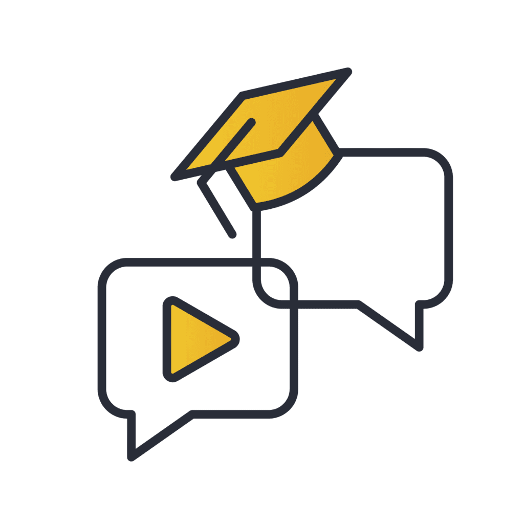Icon representing a conversation about video and education, featuring a speech bubble with a play button and another with a graduation cap.