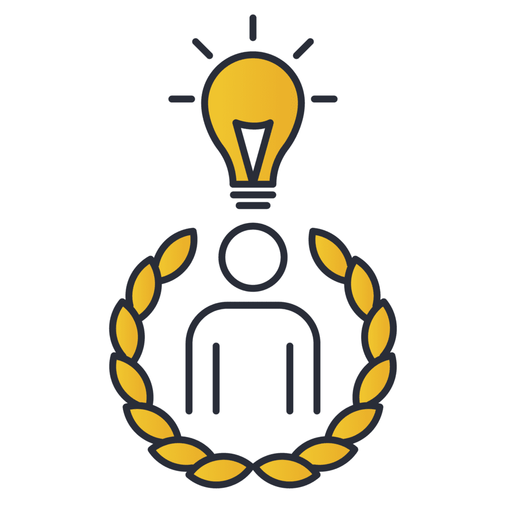 Icon depicting a person inside a laurel wreath with a lightbulb above their head, symbolizing achievement and innovation.