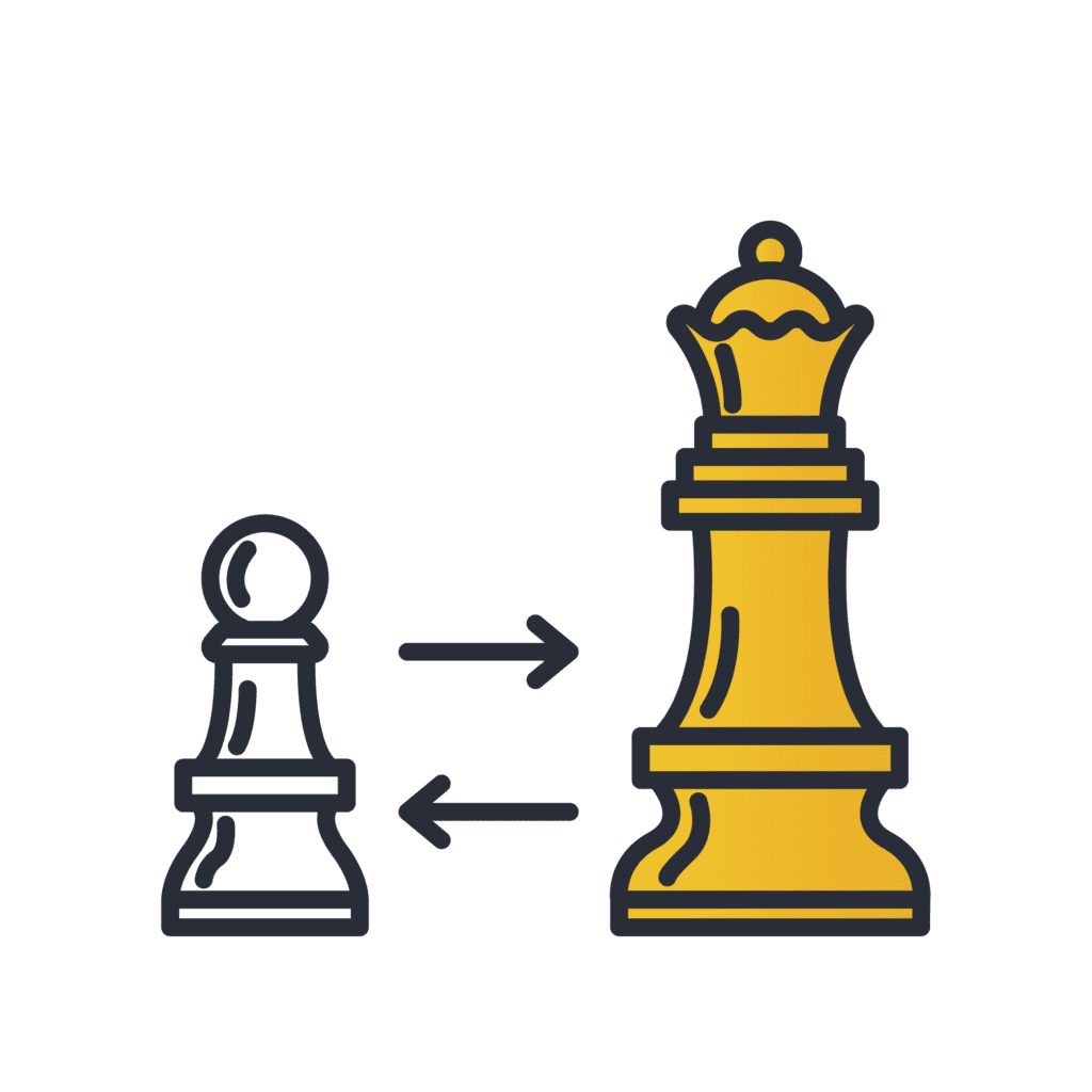 Illustration of a chess pawn and a queen with arrows indicating transformation or promotion, depicted in a minimalistic style with yellow and dark outlines.