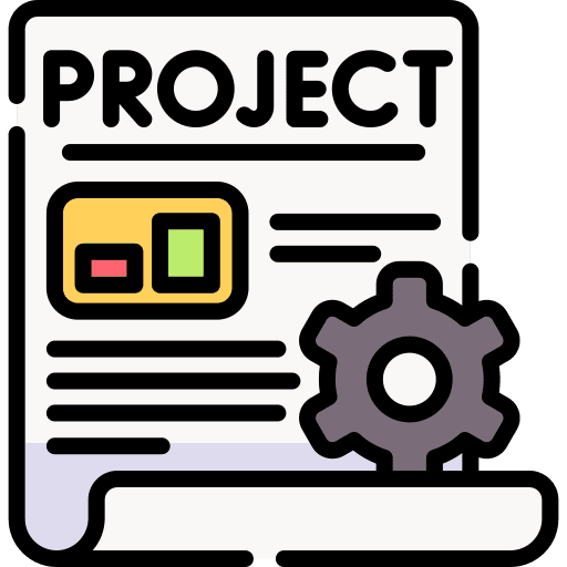 Icon depicting a project document with text lines, a gear, and colored blocks, representing project management and planning. Icon depicting a project document with text lines, a gear, and colored blocks, representing project management and planning.