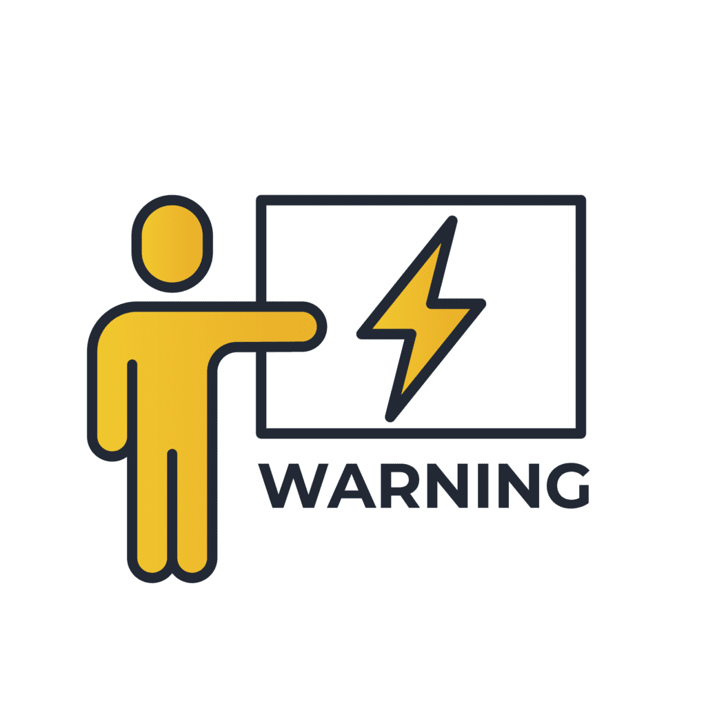 Icon of a person pointing to a sign with a lightning bolt and the word "WARNING" below, indicating electrical hazard.