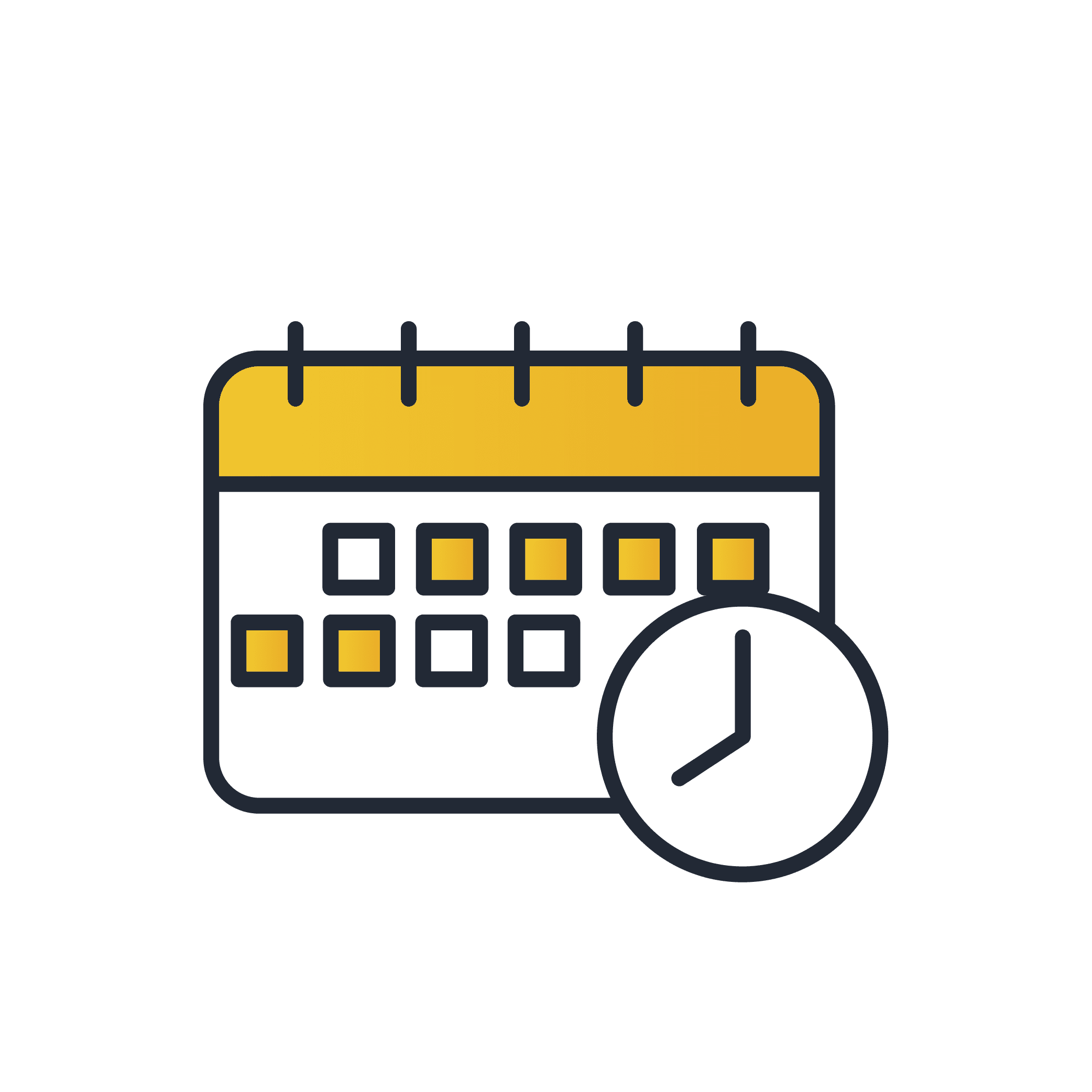 Icon of a calendar with a clock in front, representing scheduling or time management. The calendar has a yellow header and six rows of squares, suggesting days or events.